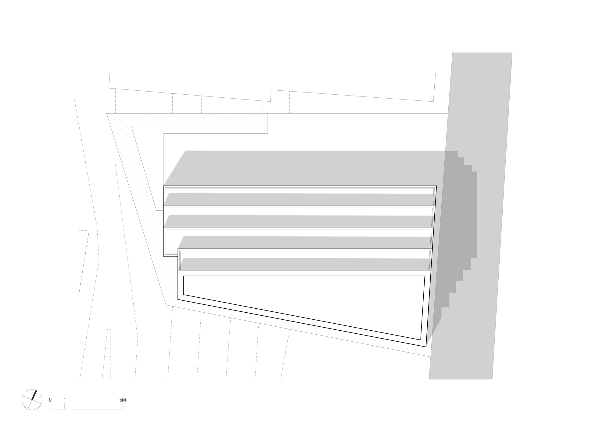 Axonometric drawing illustrating the massing with horizontal bands and adjacent urban context