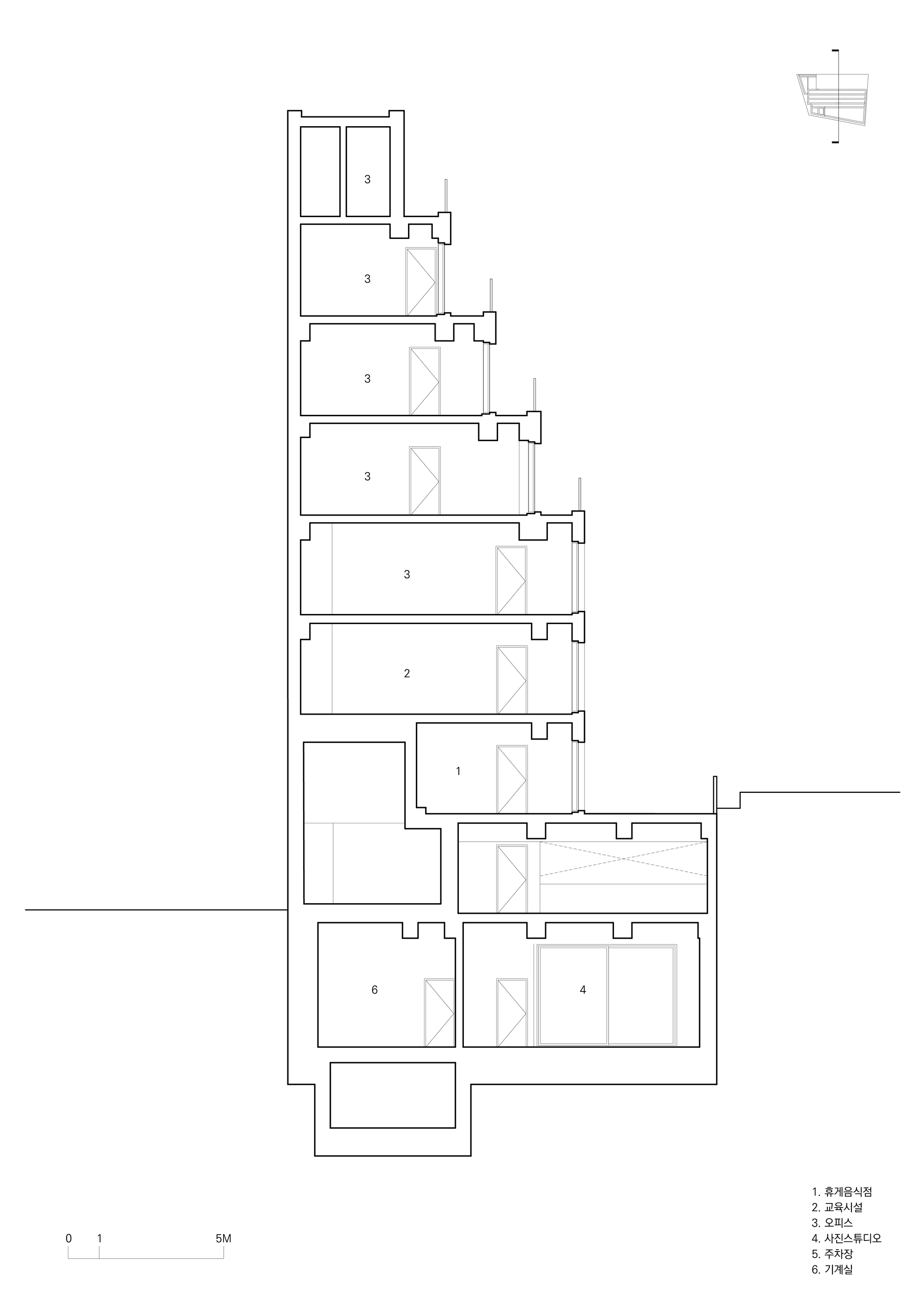 Section drawing showing a multi-story tower with repeating floors above a double-height base