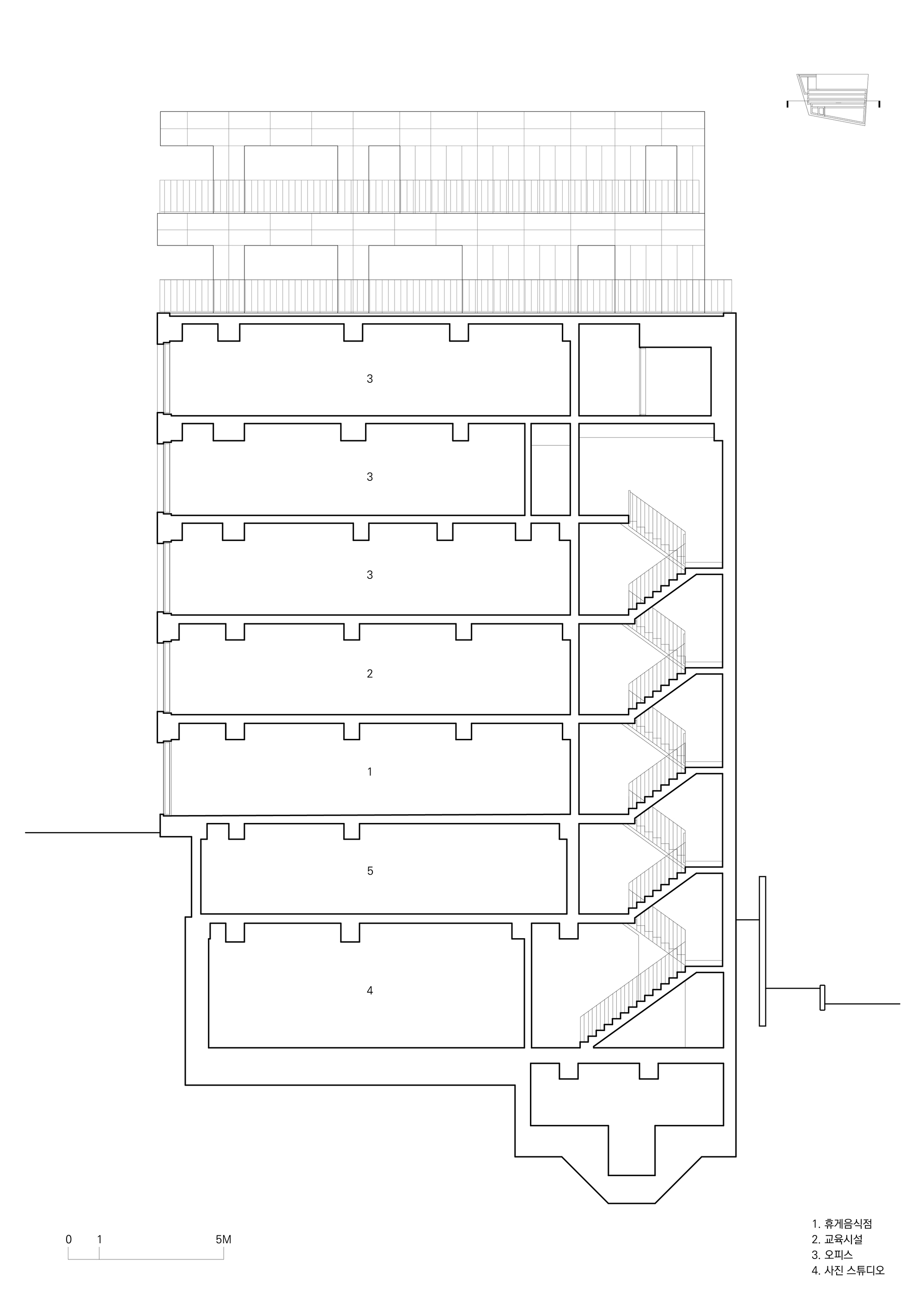 Section drawing showing seven levels with stacked residential floors and cantilevered staircases on the right side