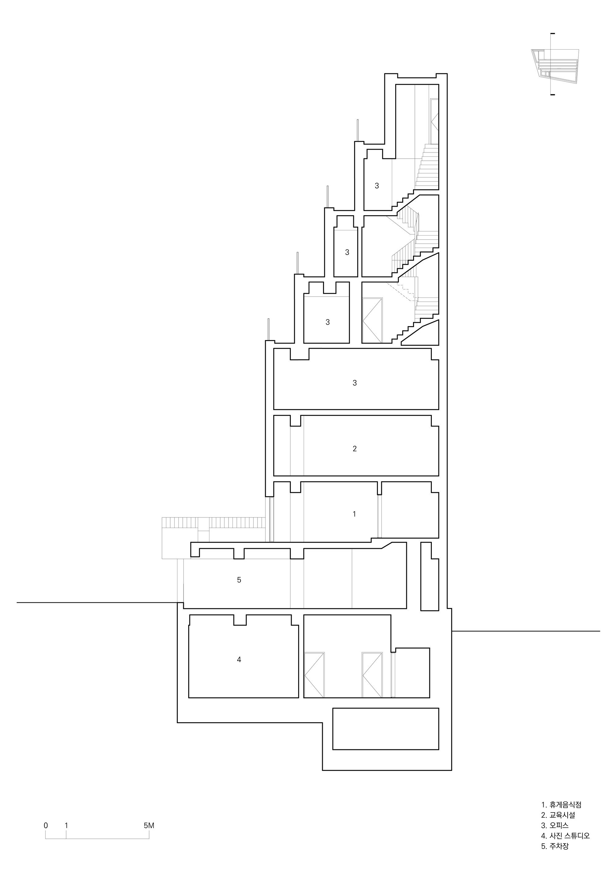 Section drawing showing the stepped massing with internal stairs connecting terraced levels