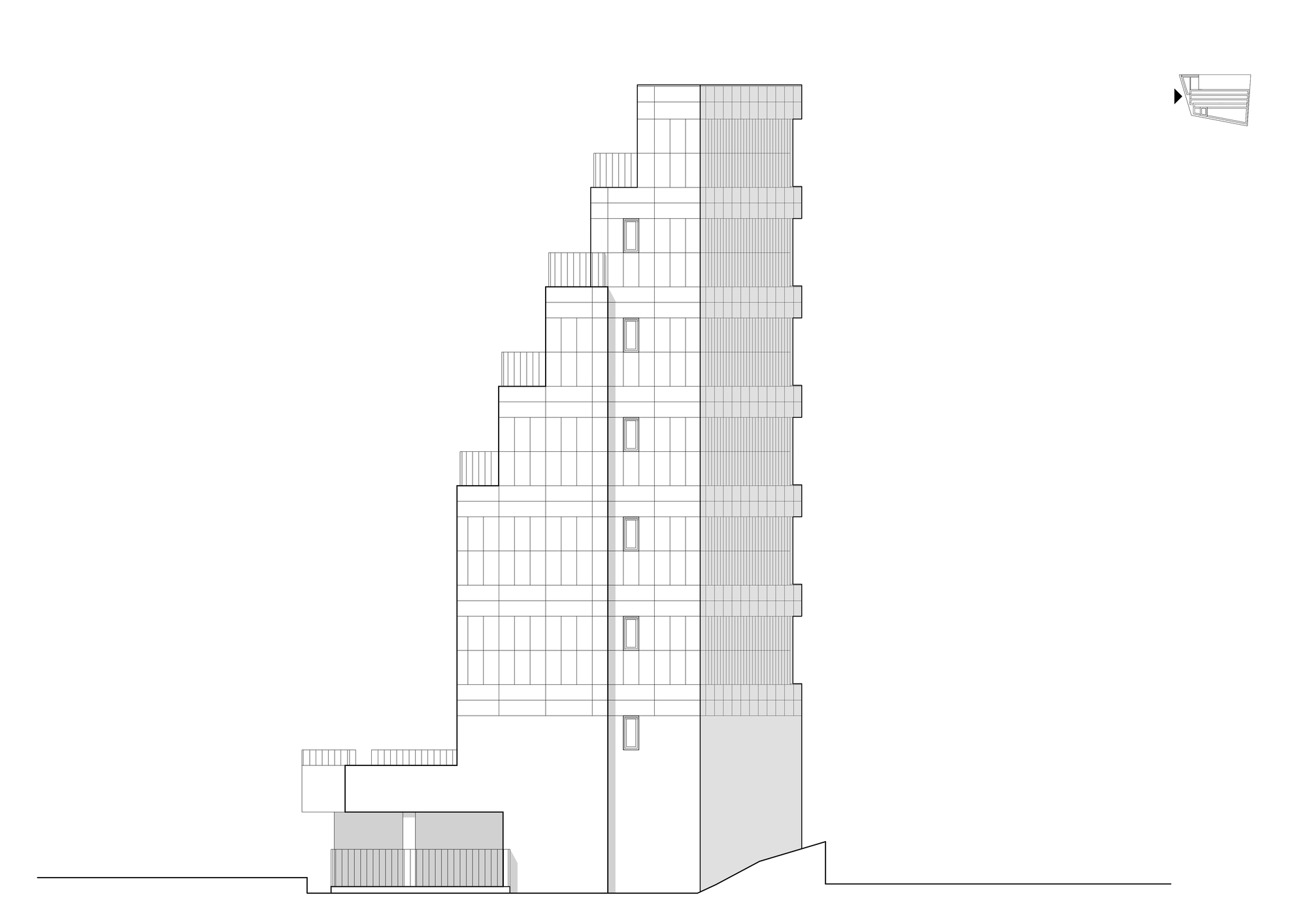 Elevation drawing showing a stepped tower rising from a low-rise base structure