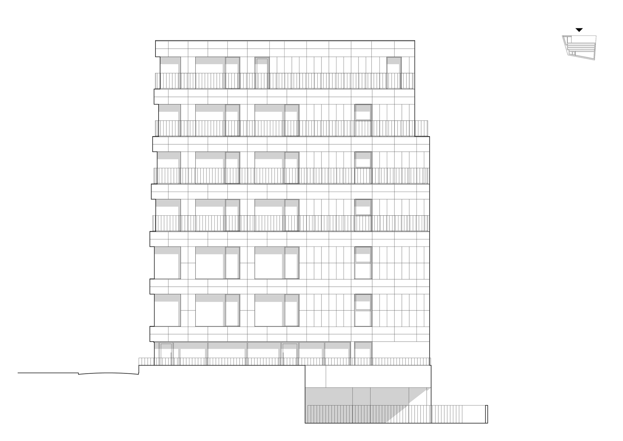 Elevation drawing showing a seven-story facade with repeating window openings and vertical louvers