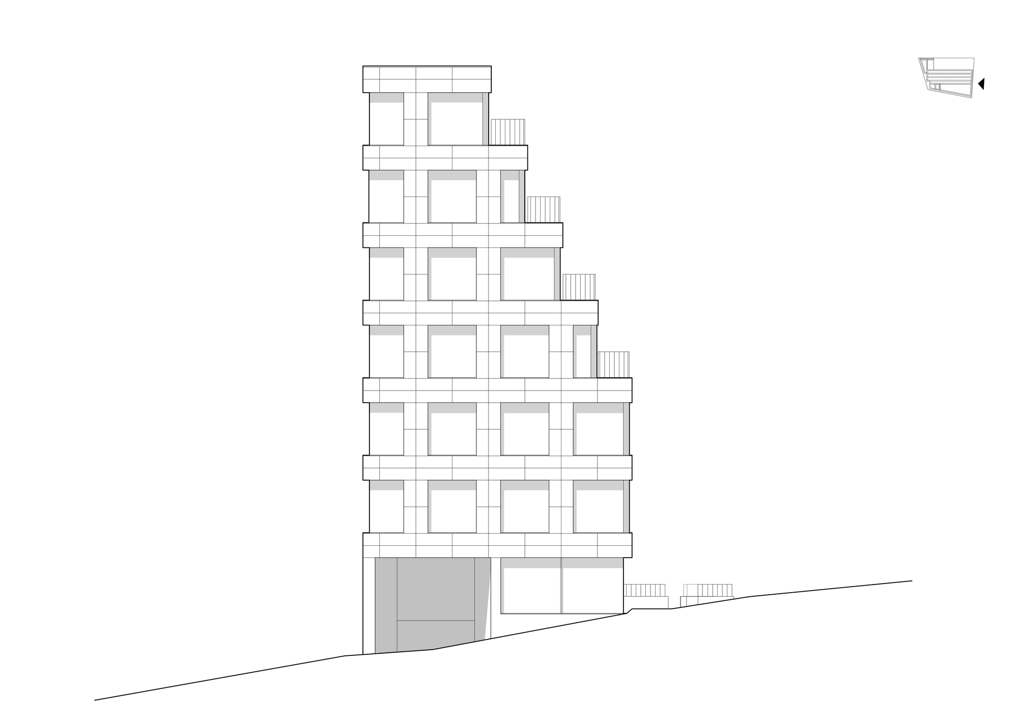 Elevation drawing showing the stepped profile rising from a sloped ground plane