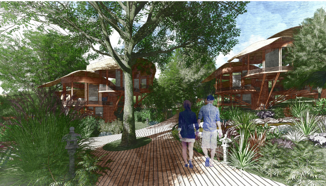 Elevated tropical villas woven into dense greenery and connected by timber walkways.