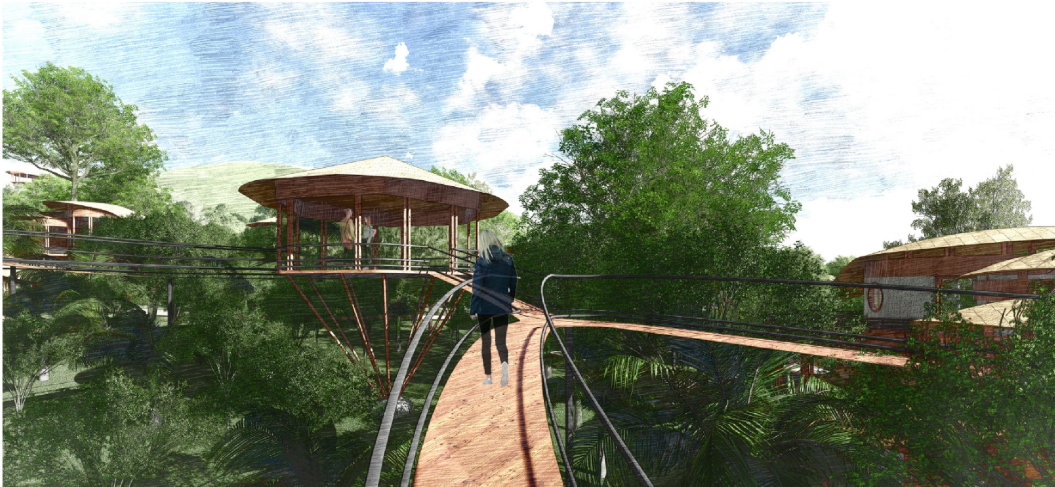 A raised canopy path links the resort’s lightweight pavilions above the landscape.