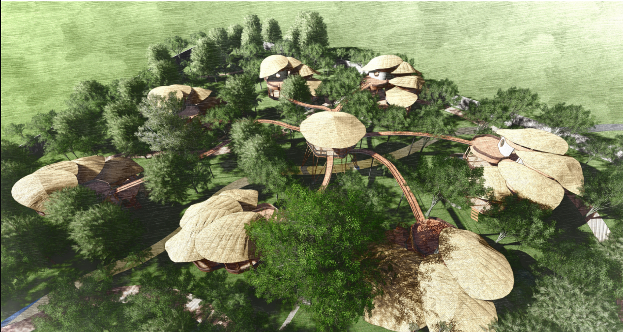 An aerial view reveals clustered villas arranged organically across the restored landscape.