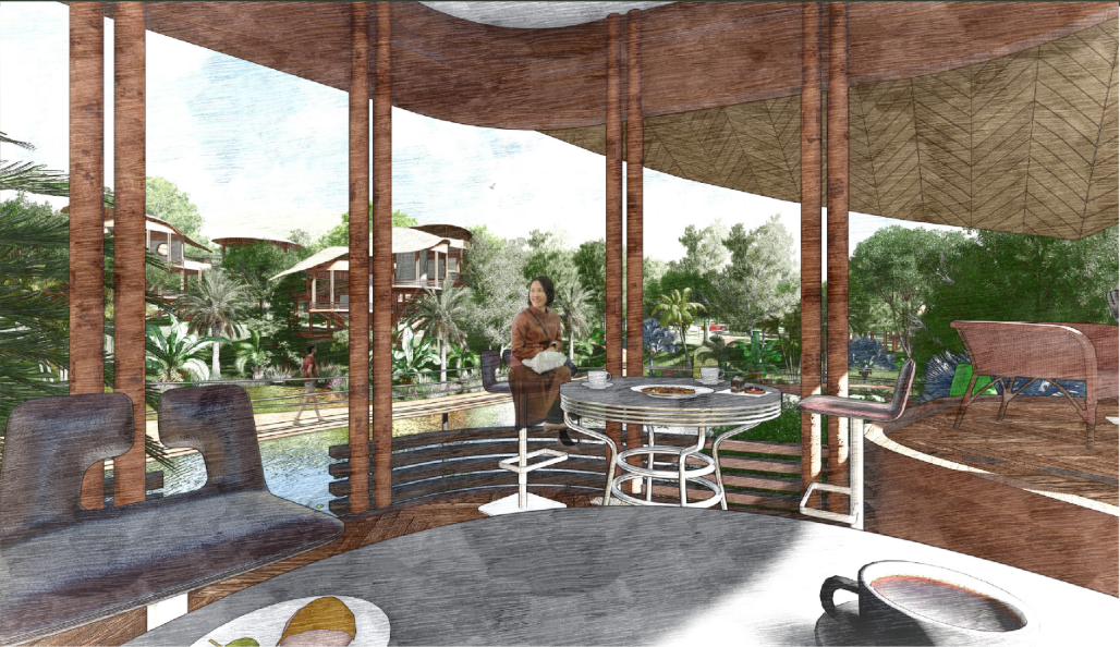 The open interior frames garden views through bamboo columns and layered natural materials.
