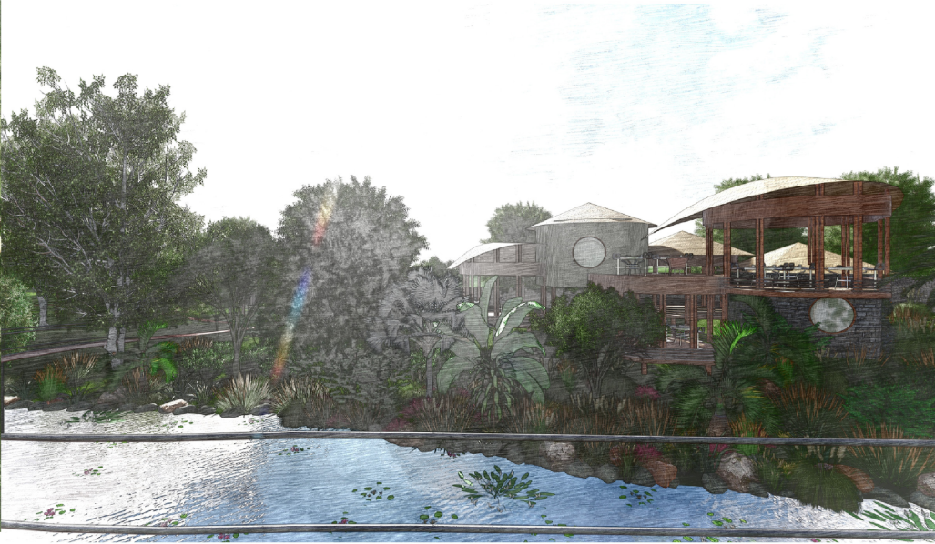 A waterside pavilion overlooks the restored wetland and surrounding tropical planting.
