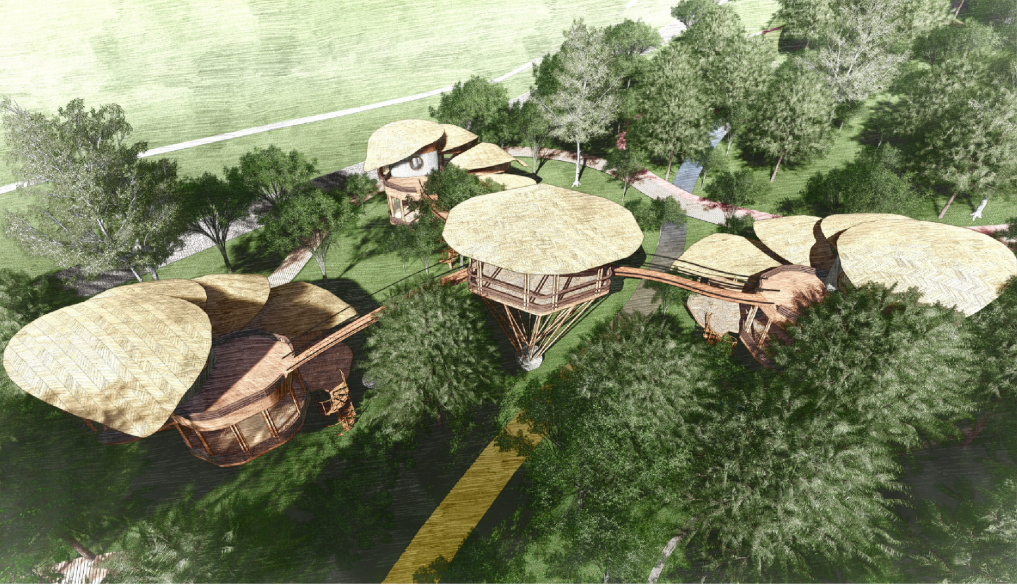 Elevated villas and curved bridges form a connected settlement within the forest canopy.