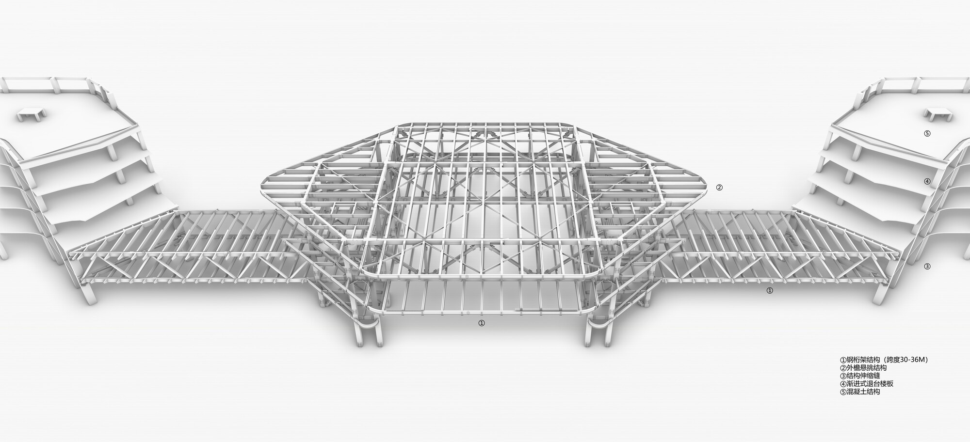 Axonometric drawing revealing the exposed steel roof structure over the central hexagonal hall