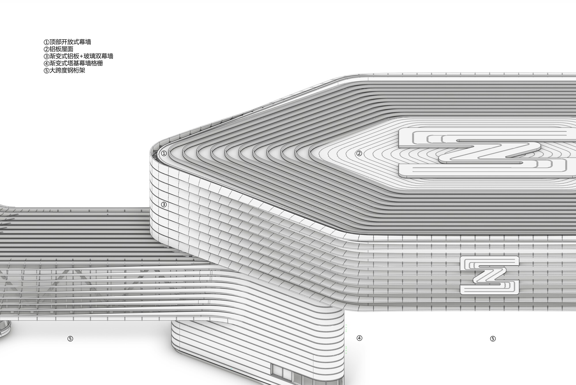 Axonometric drawing of the horizontally striated building volumes with curved corners and rooftop openings
