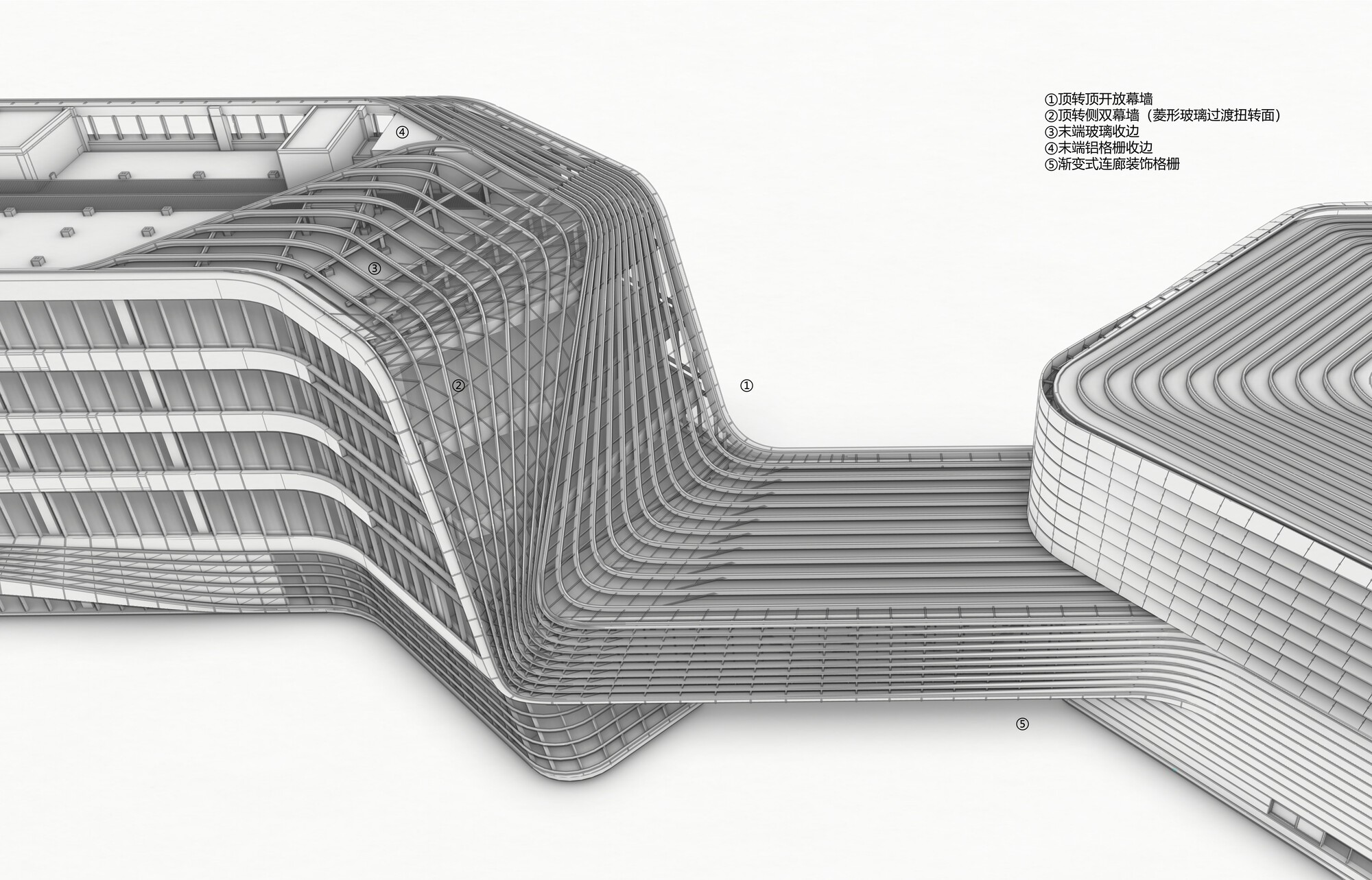 Axonometric detail drawing showing the ribbed facade connection between two curved building volumes