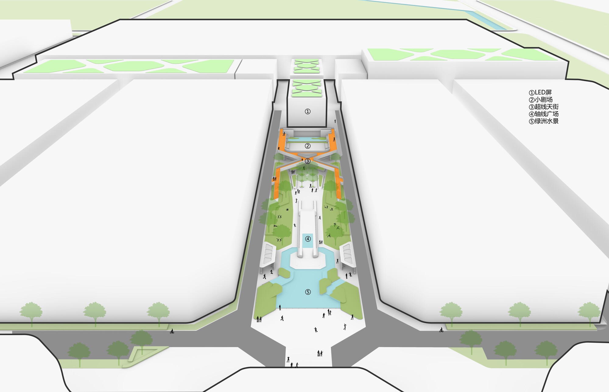 Site plan drawing depicting the sunken plaza with trees, water features and pedestrian paths between roads