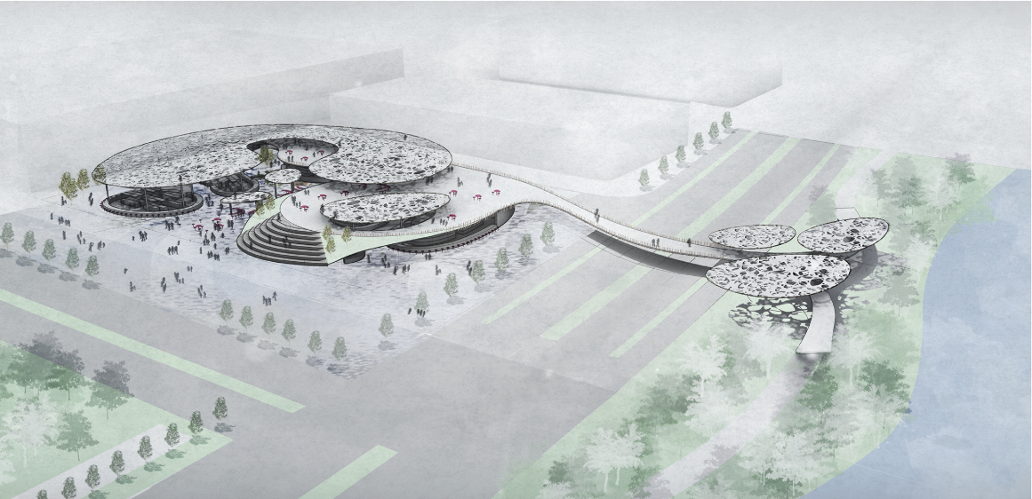 Aerial view of the mangrove-inspired market connecting urban public space with the Saigon River waterfront.