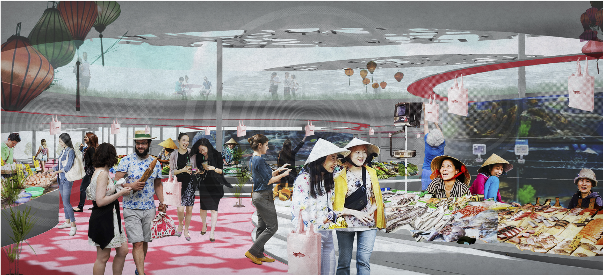 A lively seafood market interior combining local vendors, visitors, dining, and open public circulation.