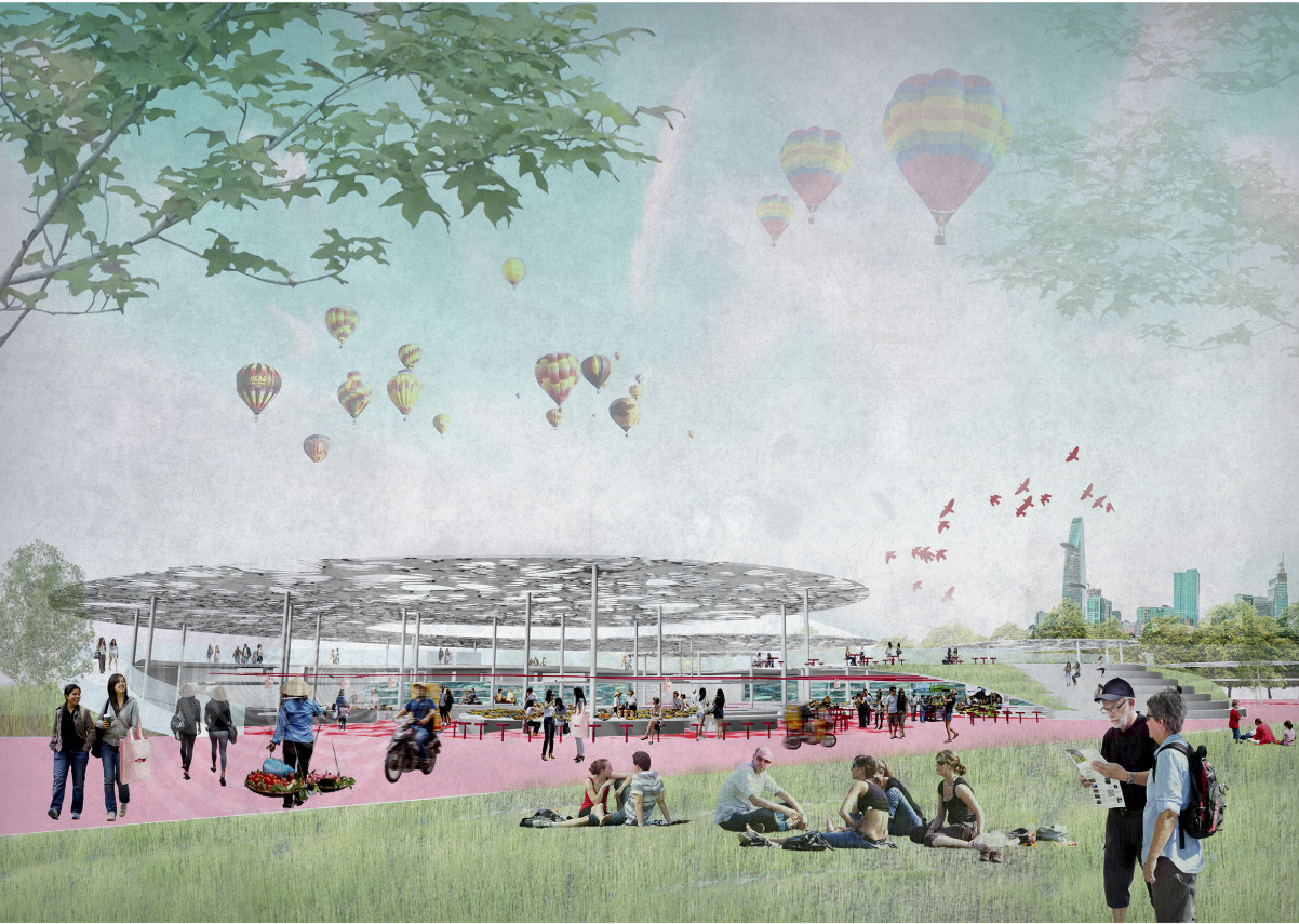 The open market blends shaded canopies, landscape, food culture, and public gathering spaces.