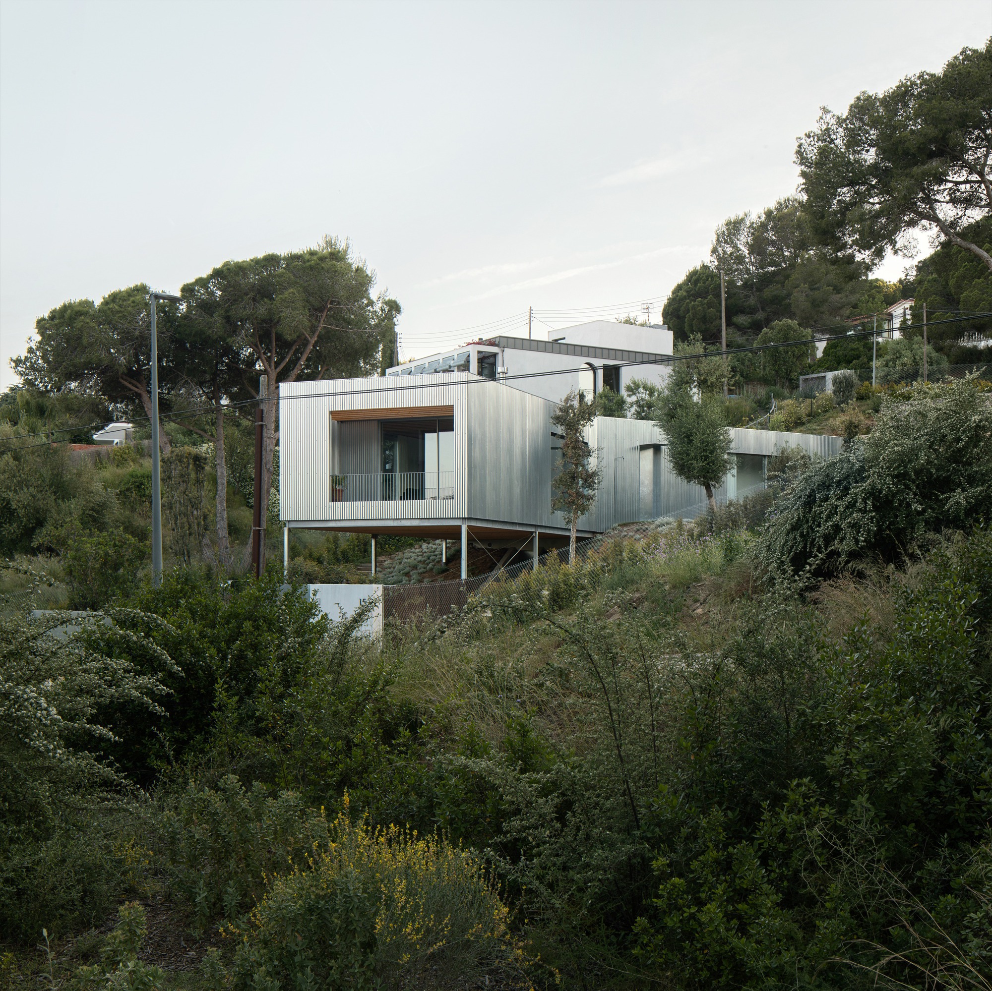 Multi-volume corrugated metal structure elevated on steel columns within dense hillside vegetation