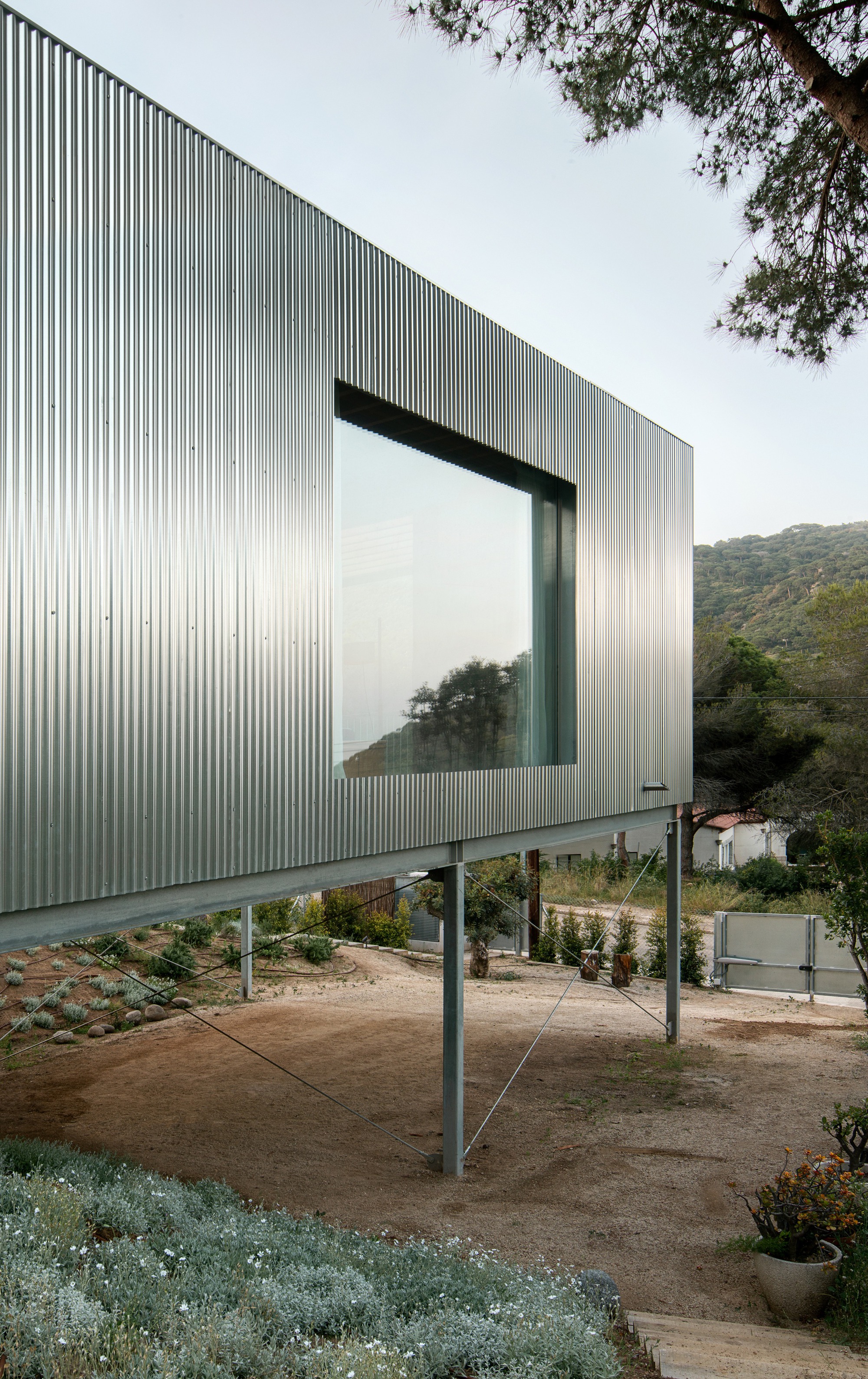 Corrugated metal box on steel stilts with corner window overlooking hillside vegetation