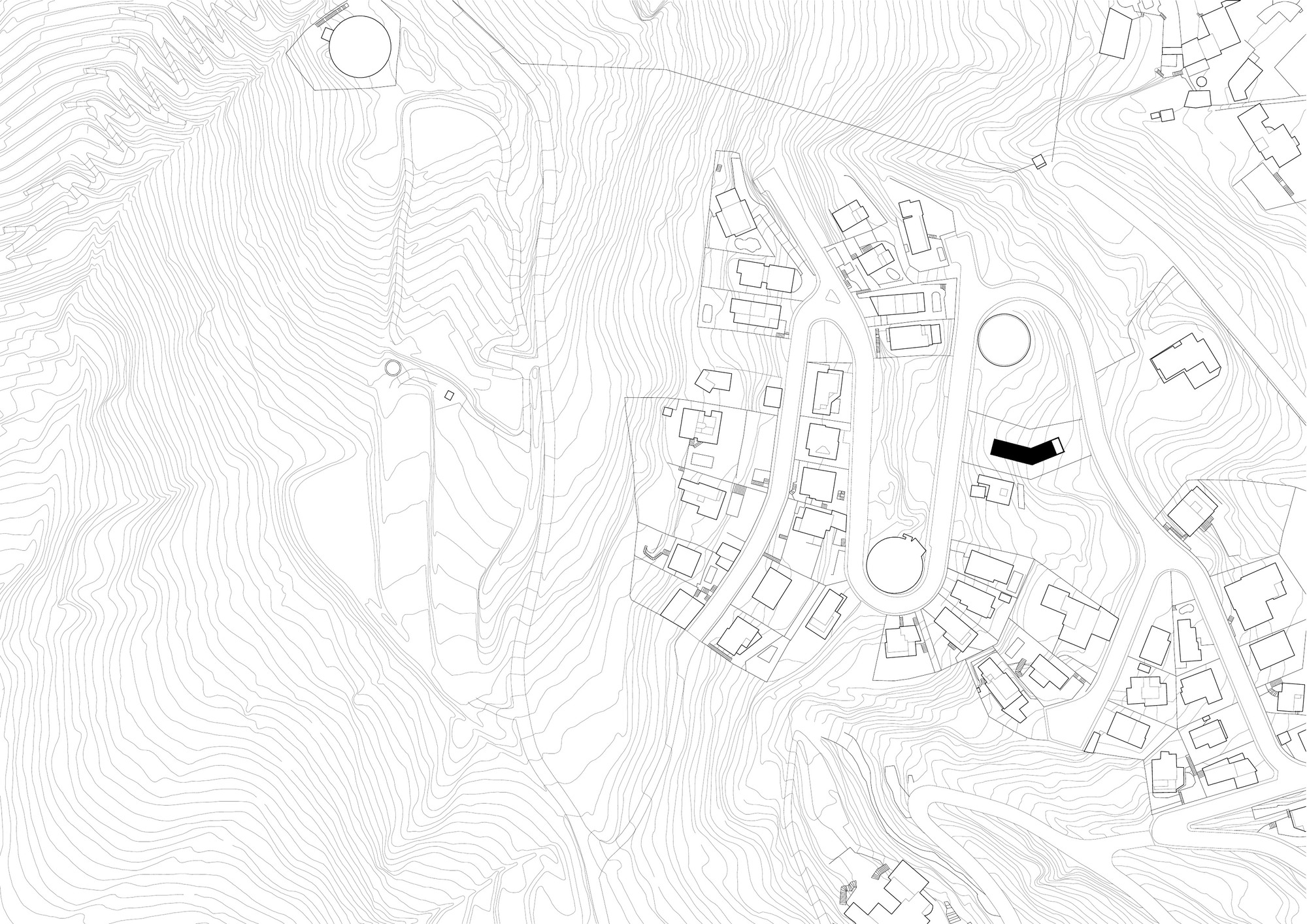 Site plan drawing showing building footprint among topographic contour lines and neighboring structures