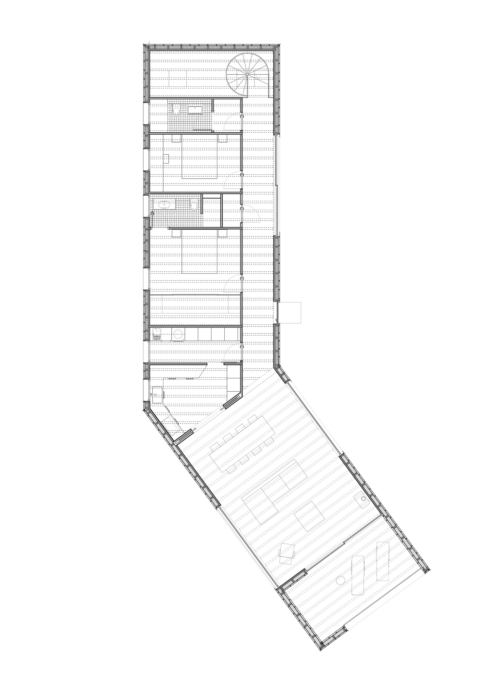Floor plan drawing of a linear building with spiral stair and an angled wing extension