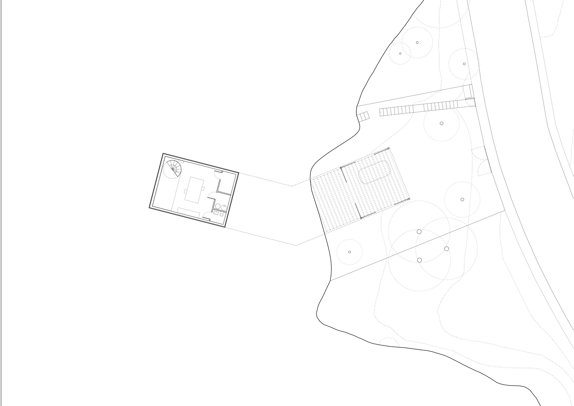 Site plan drawing showing two separate building volumes connected by a pathway through sloping terrain