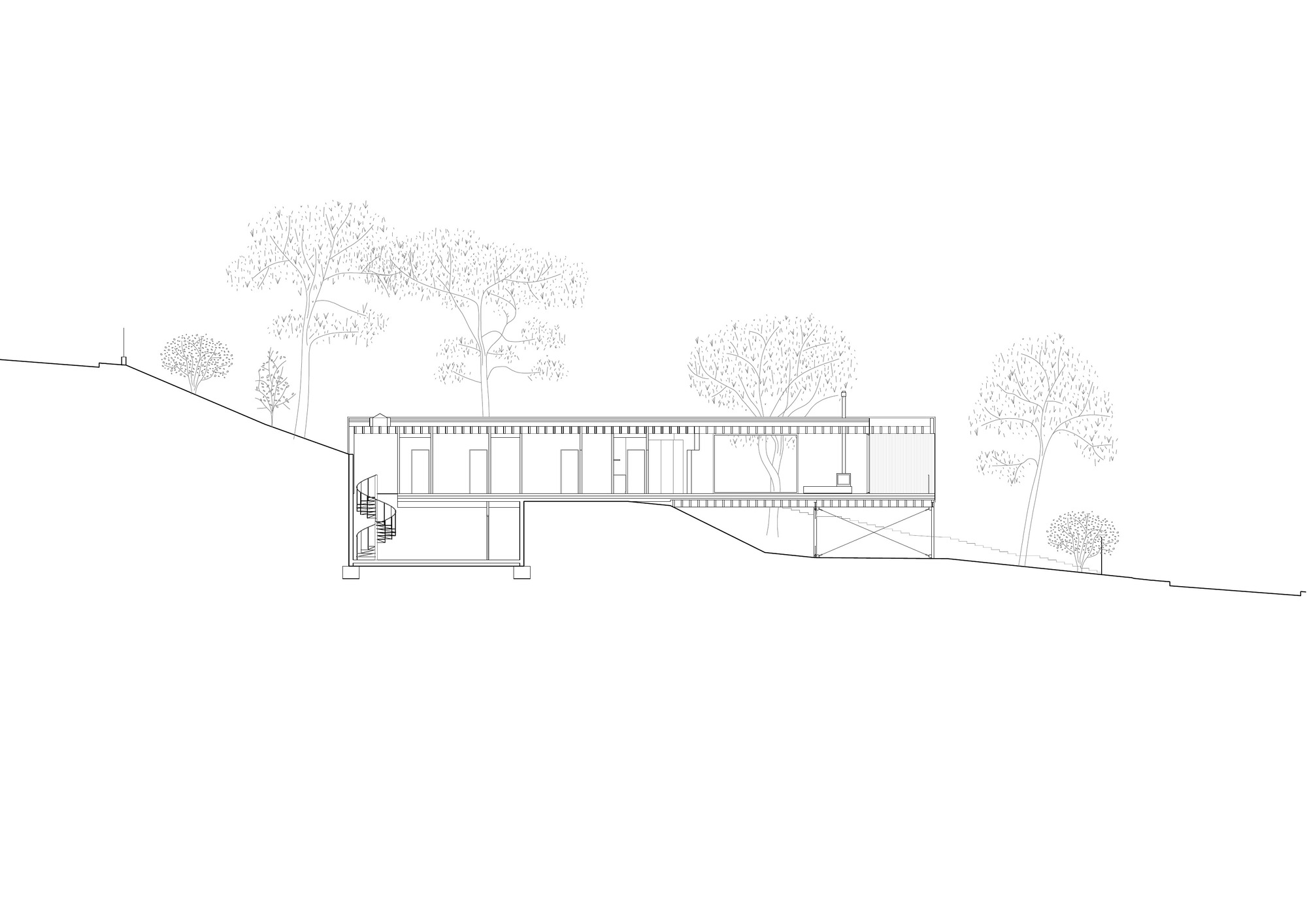 Section drawing showing a horizontal structure elevated on supports within a sloping landscape with trees