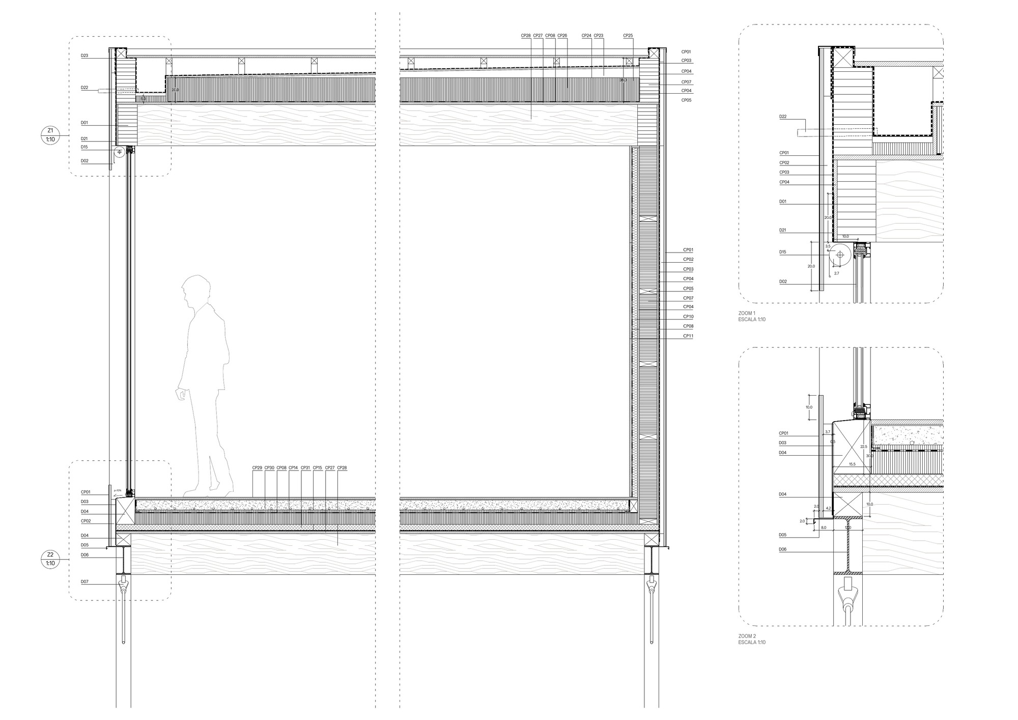 Wall section detail drawing showing floor assembly, glazing system and ceiling construction with human figure for scale