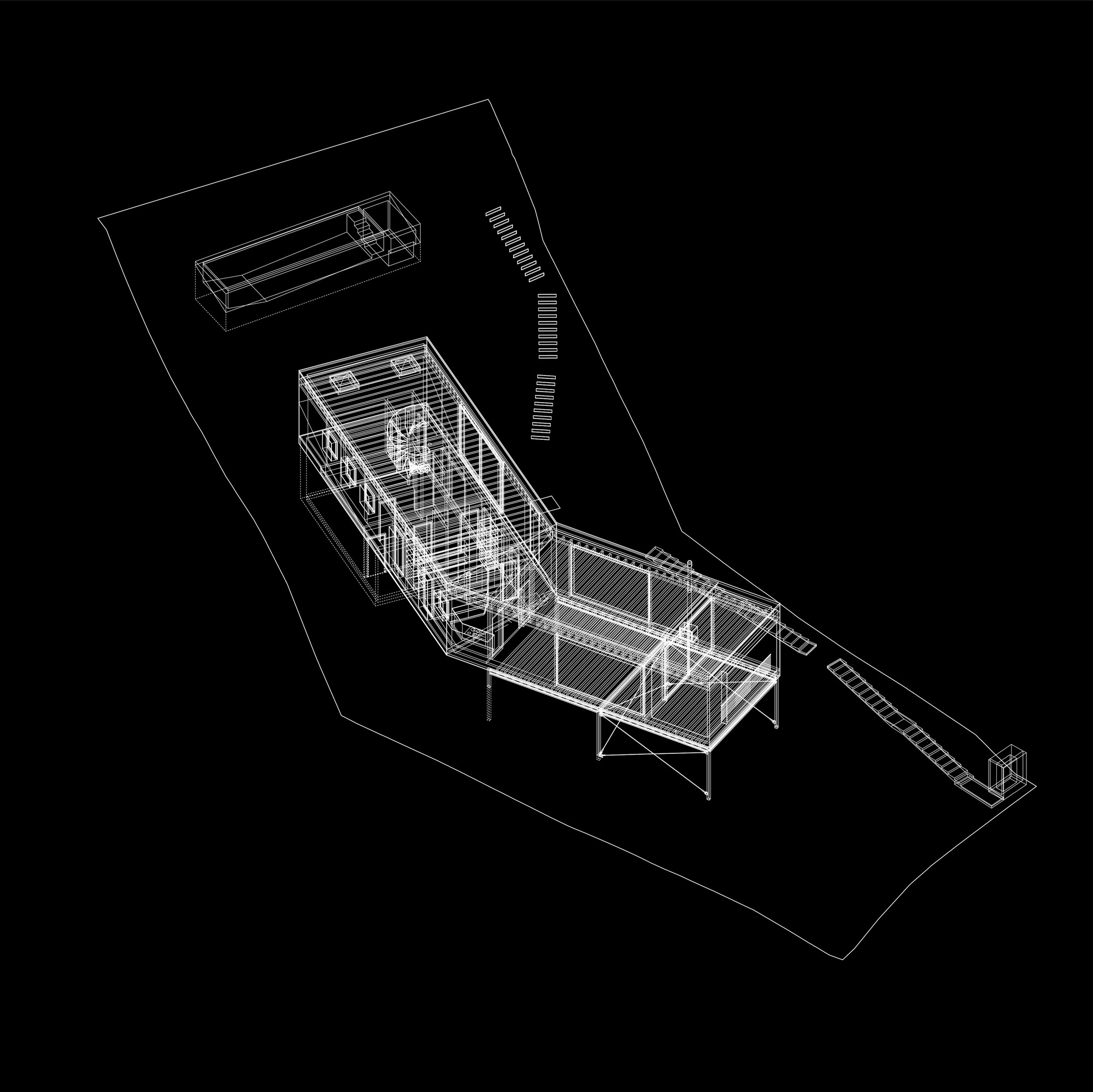 Axonometric drawing showing a multi-story tower connected to horizontal pavilions and a swimming pool