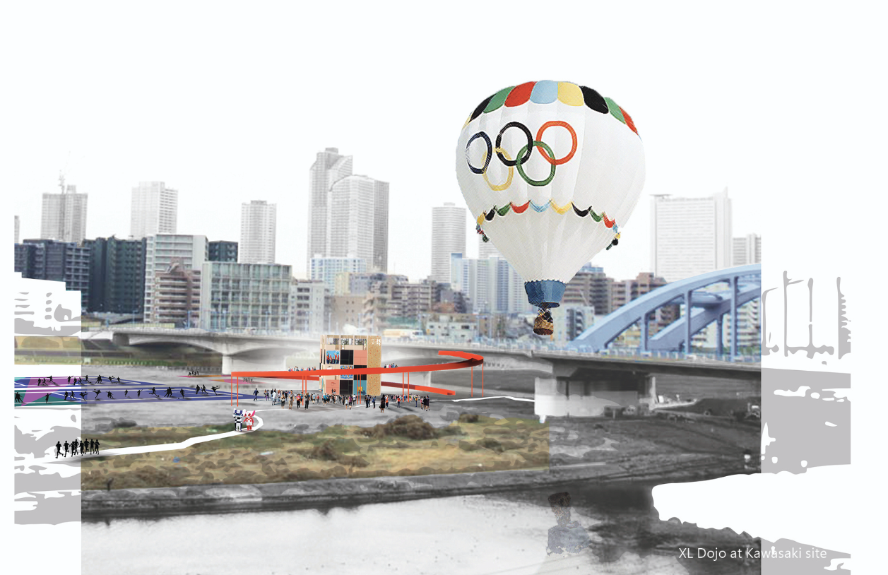 XL Dynamic Dojo activates the Kawasaki riverside as a festive Olympic hub for sport, viewing, and public gathering.