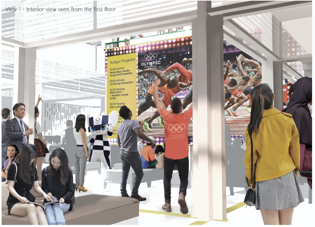 Interior view of the XL Dojo showing Olympic screenings, social seating, and shared activity zones.