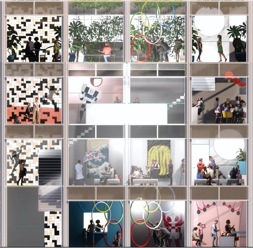 Sectional view reveals stacked dojo programs combining sport, lounge spaces, cafes, screens, and social interaction.