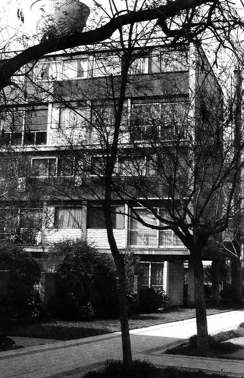Street view of the white facade behind a bare winter tree and water tower in the background