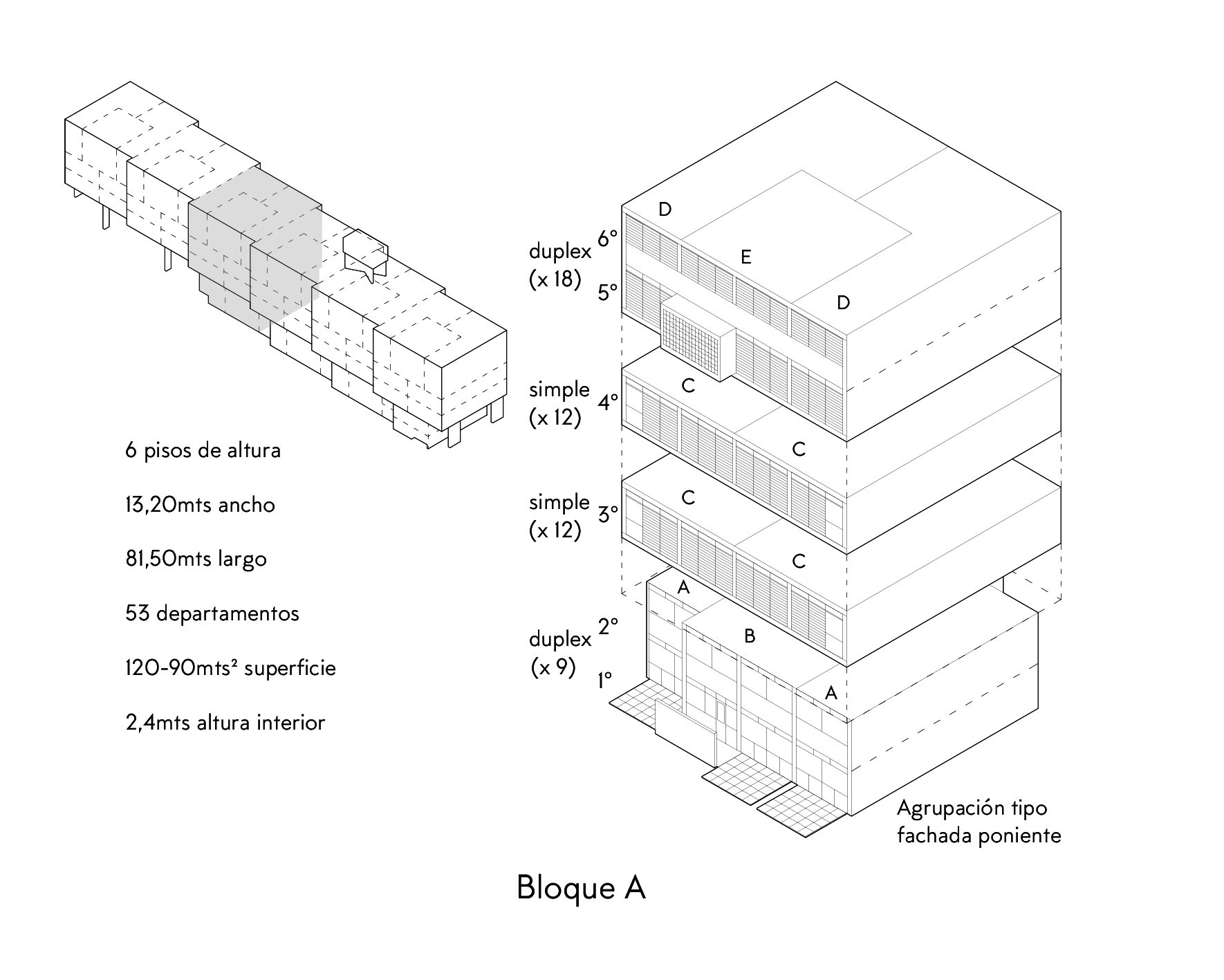 Axonometric drawing showing residential block with floor-by-floor unit distribution and dimensional annotations
