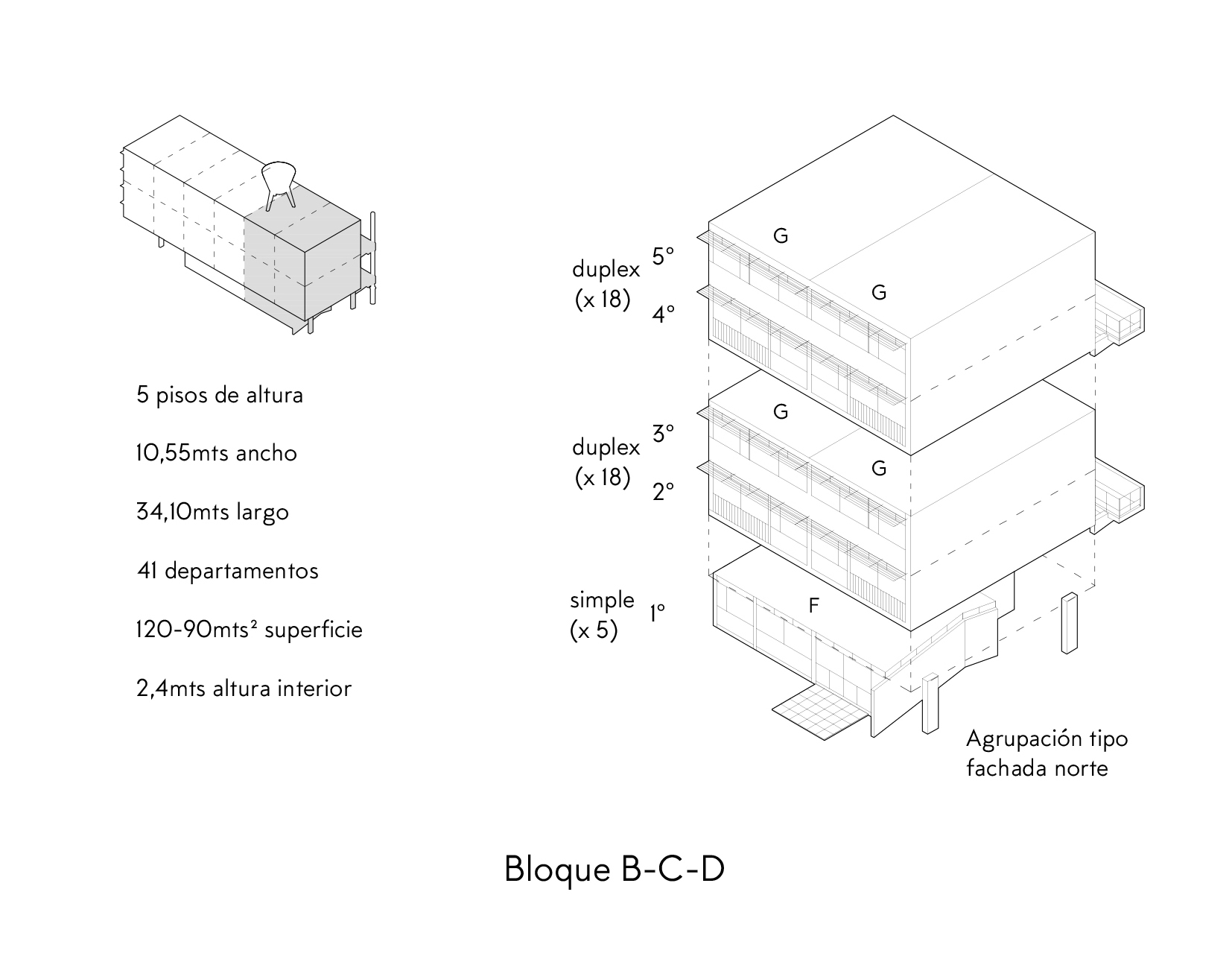 Axonometric drawing showing residential block with labeled floor levels and duplex unit organization