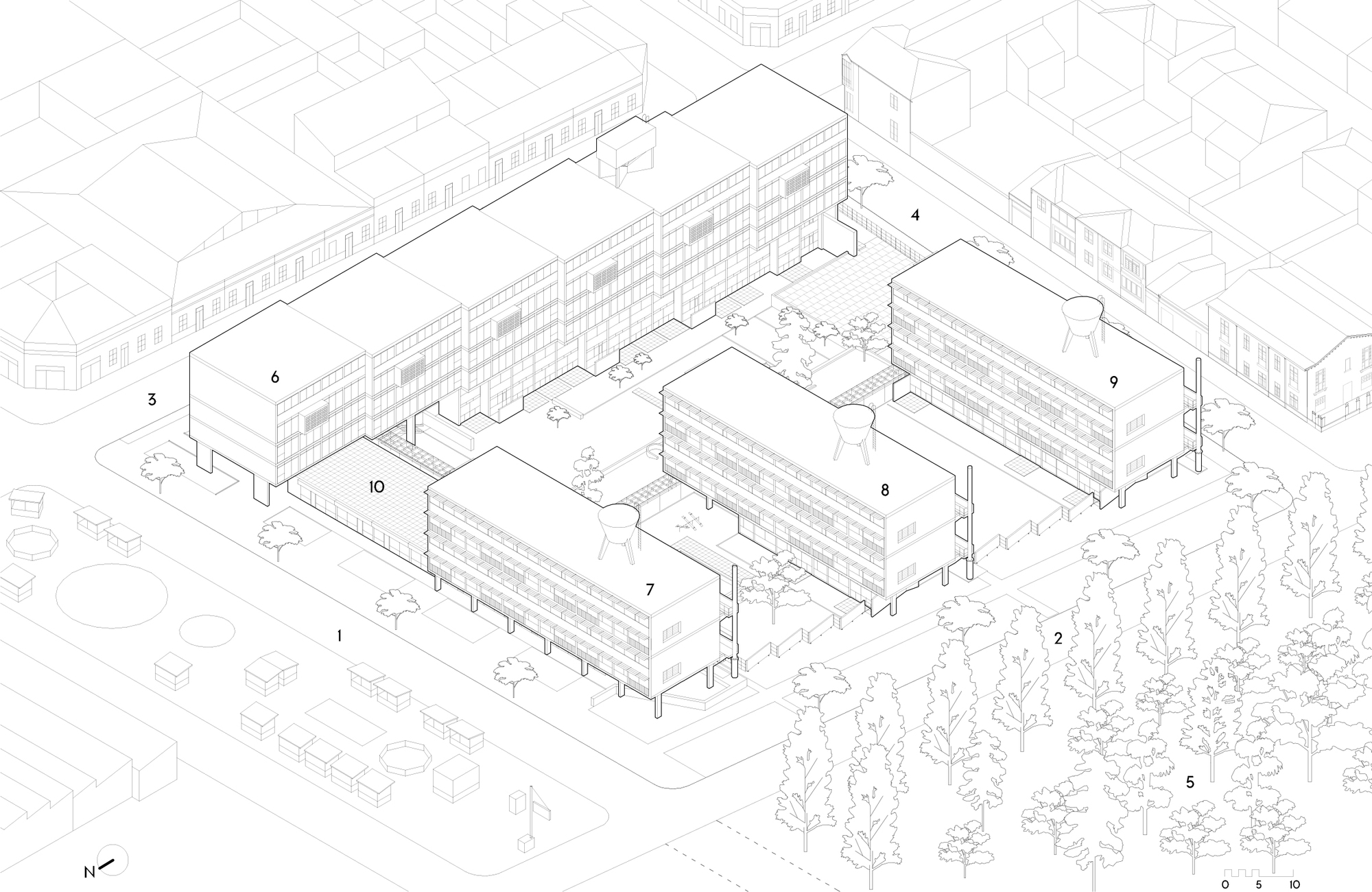 Isometric drawing of the housing complex with numbered blocks arranged around a central courtyard and trees