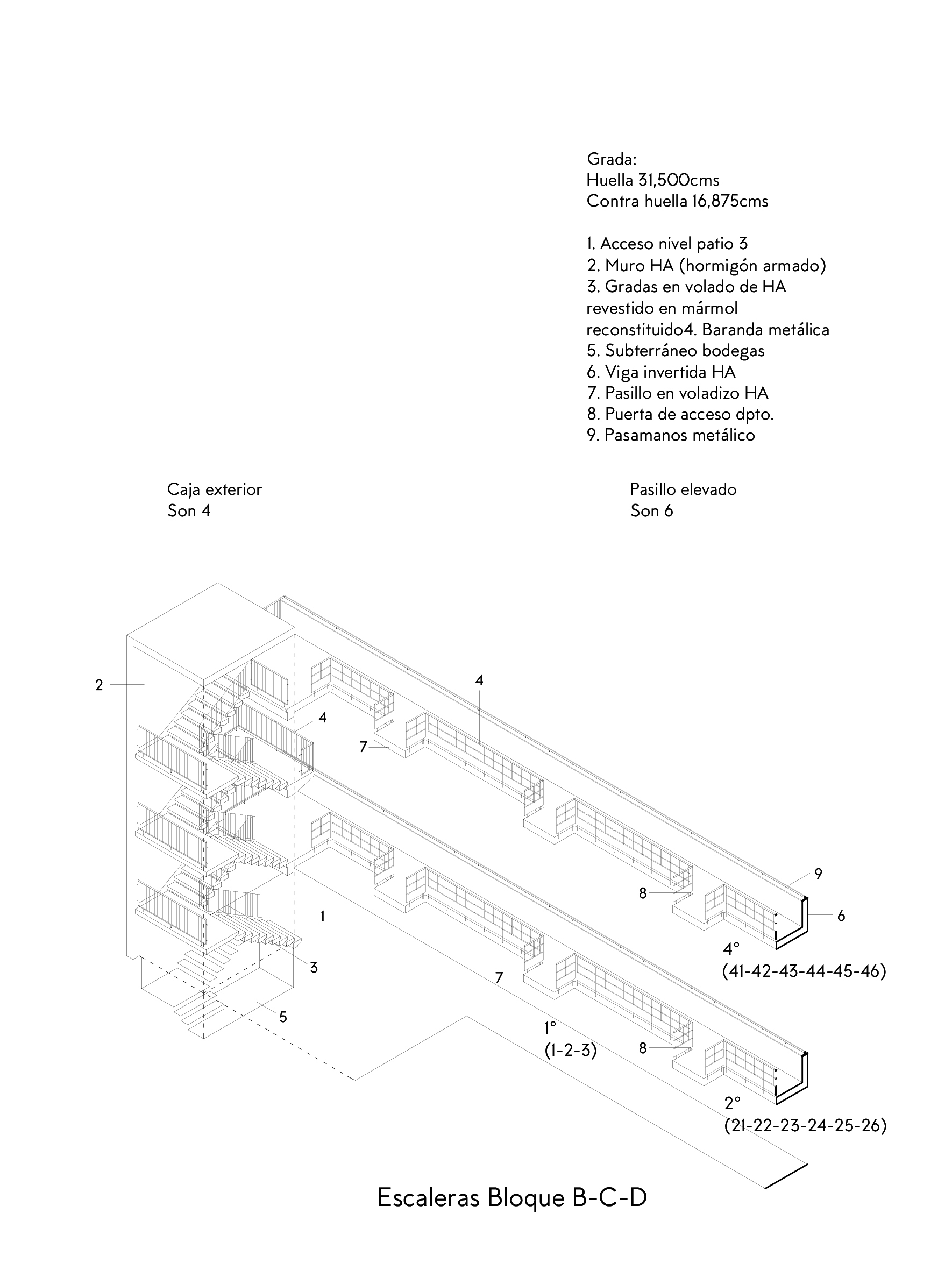 Axonometric drawing showing residential block with staircases and repeating unit layouts across multiple floors