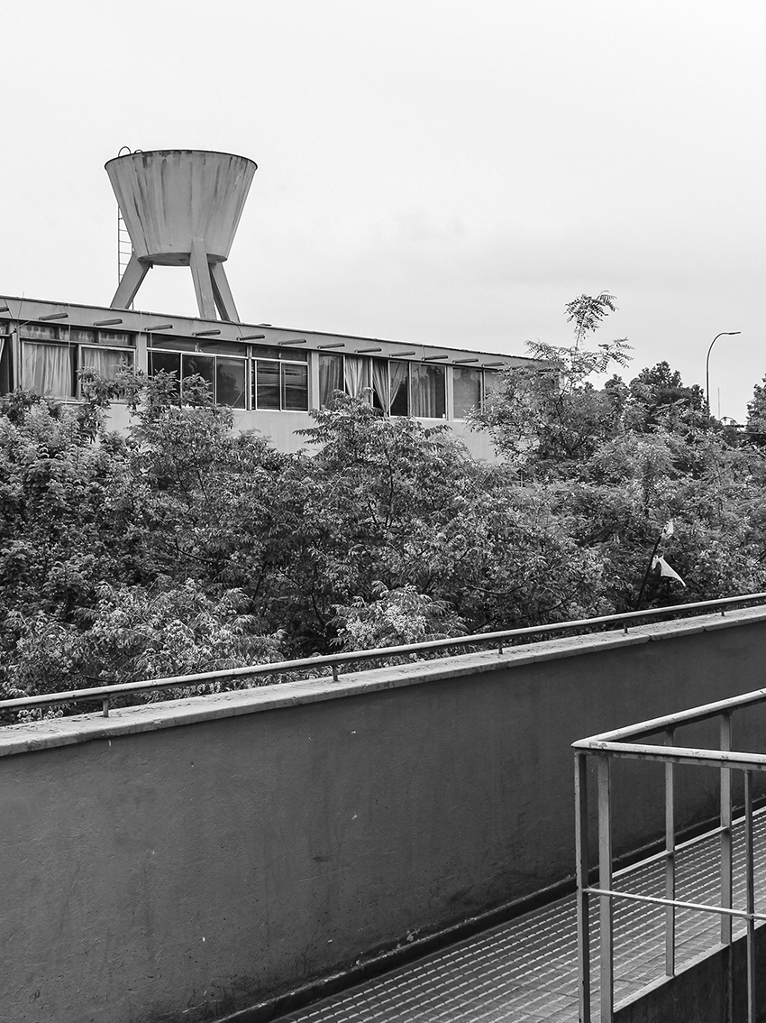 Concrete water tower rising above the horizontal volume with continuous glazing and dense vegetation on the hillside