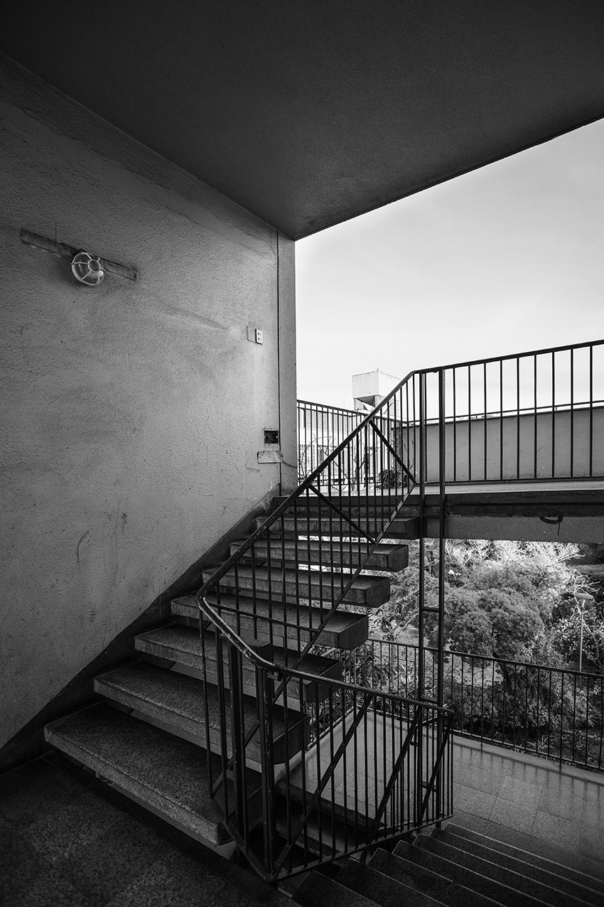 Concrete stairwell with metal railings and landings opening to trees and natural light outside