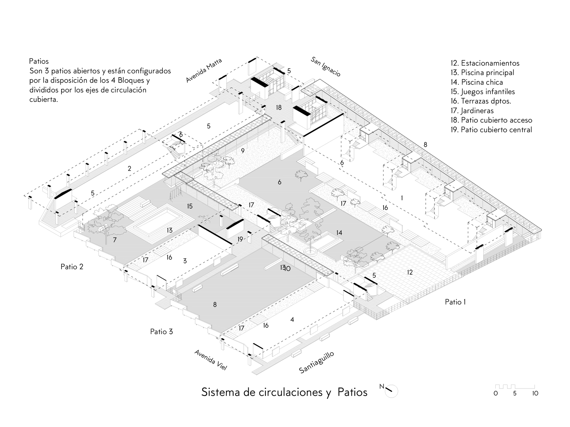 Axonometric drawing showing a complex of courtyards, pools, and planted areas with numbered circulation paths
