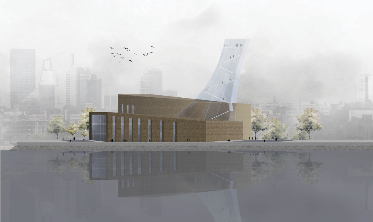 Rendering showing brick volumes and a tilted glass tower reflected in the waterfront under a misty sky