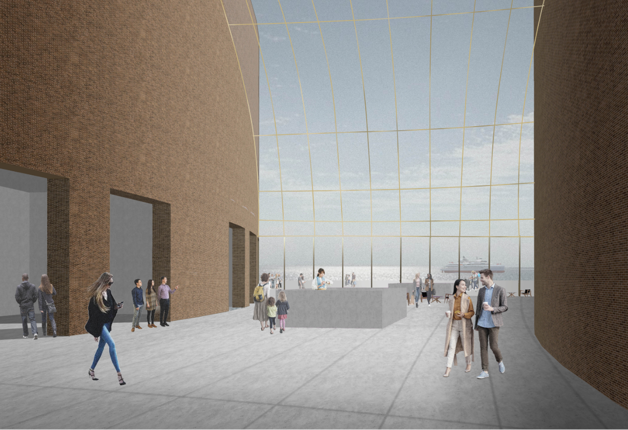 Interior courtyard rendering with brick walls, glazed atrium ceiling, and visitors gathered on pale stone paving