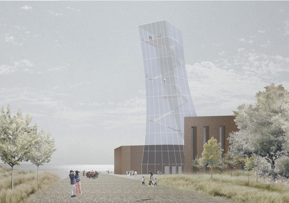 Rendering of the leaning glass tower rising above brick base volumes with visitors on the grassy plaza
