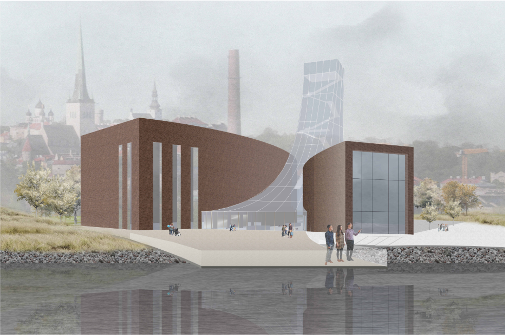 Waterfront rendering showing the brick complex and twisted glass tower with visitors on the concrete promenade