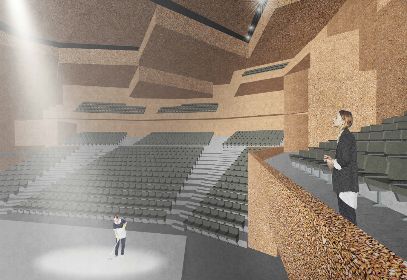 Interior rendering of the auditorium with terraced seating, textured cork walls, and dramatic overhead lighting