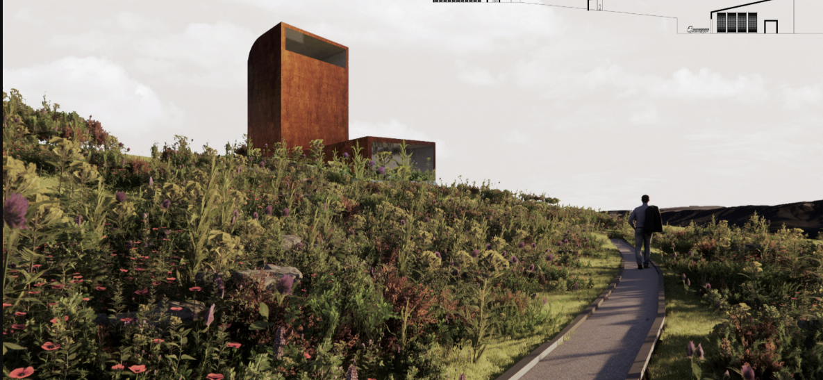 A winding path through indigenous fynbos leads visitors toward the semi-embedded Corten steel winery.