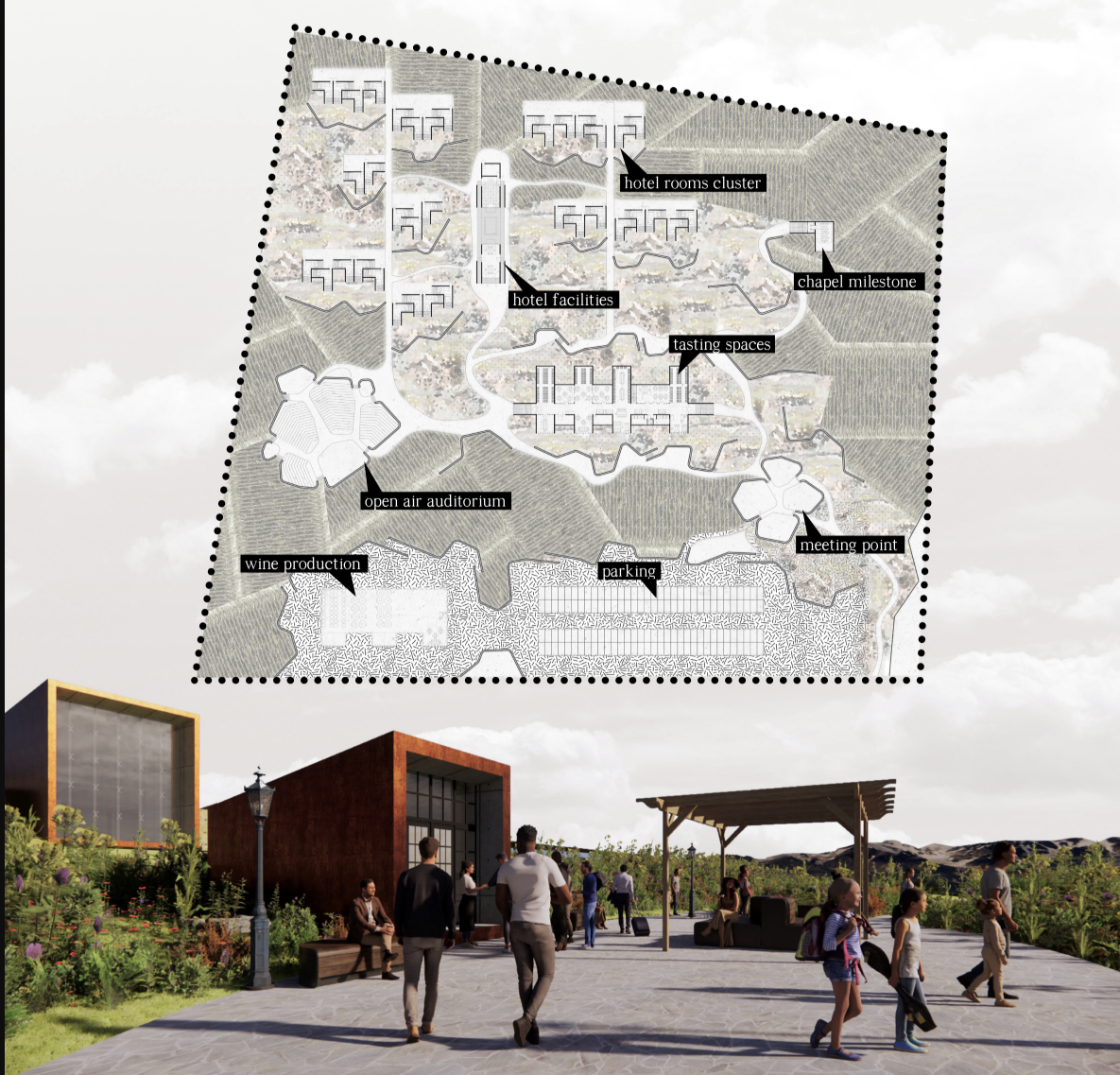 The masterplan connects wine production, hospitality, tasting spaces, and public gathering areas across the site.