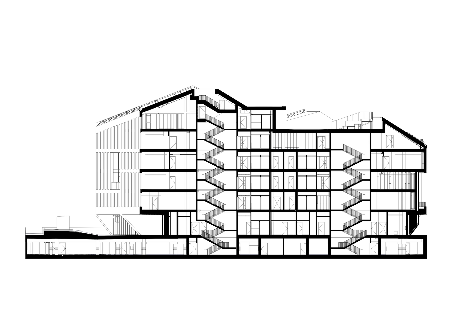 Section drawing revealing the central atrium with zigzag stairs and paired gabled volumes