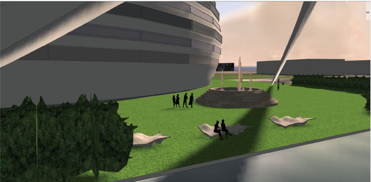 Landscaped plaza with folded bench seating and circular platform beneath the curved building volumes and pedestrians
