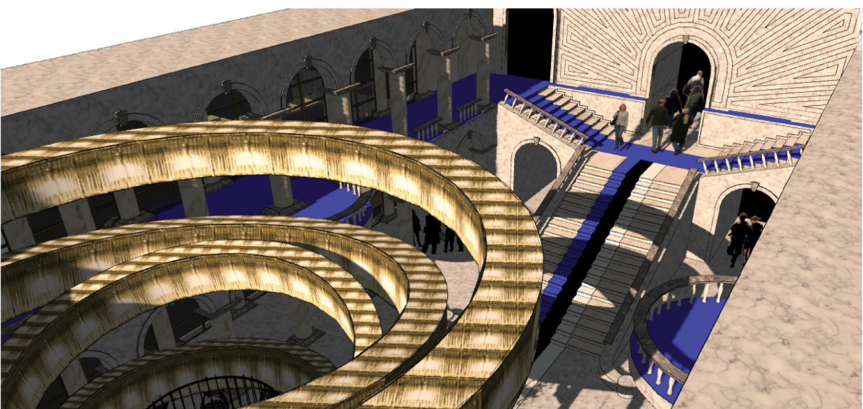 Axonometric view showing curved interior staircases with integrated lighting wrapping around the central atrium space