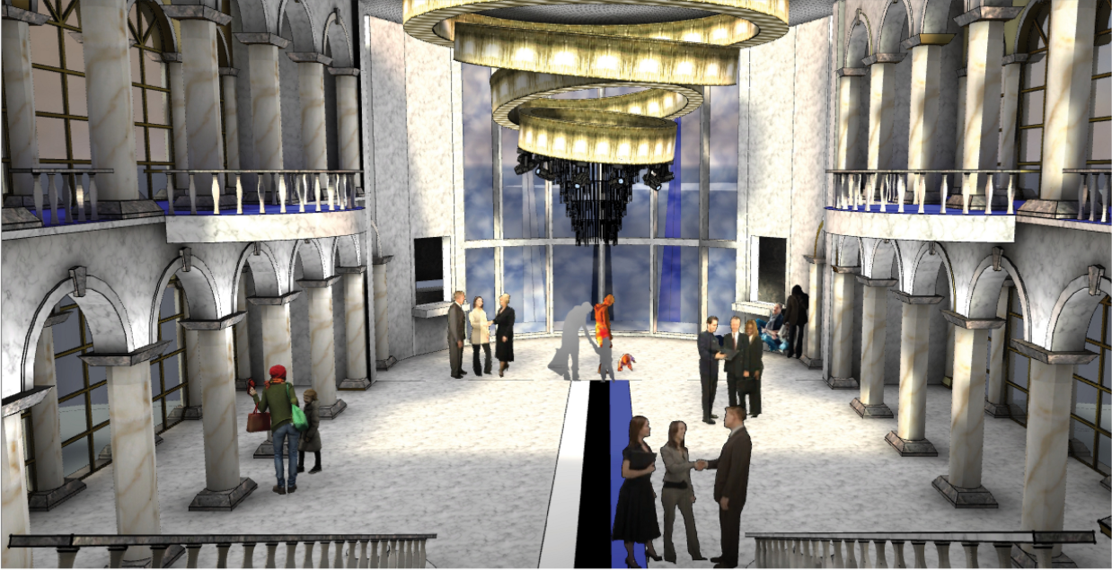 Interior atrium with stone columns and arched openings beneath circular illuminated ring chandeliers and visitors below